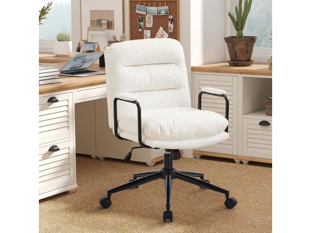 Furniliving Leather Home Desk Chair, Comfortable Executive Office Chair with Wheels, Ergonomic Computer Task Chair Adjustable Height, White