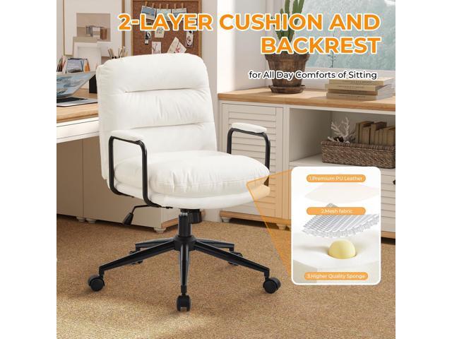 Furniliving Leather Home Desk Chair, Comfortable Executive Office Chair with Wheels, Ergonomic Computer Task Chair Adjustable Height, White