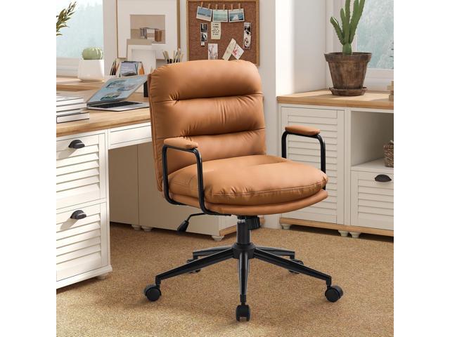 Furniliving Leather Home Desk Chair, Comfortable Executive Office Chair with Wheels, Ergonomic Computer Task Chair Adjustable Height, Brown