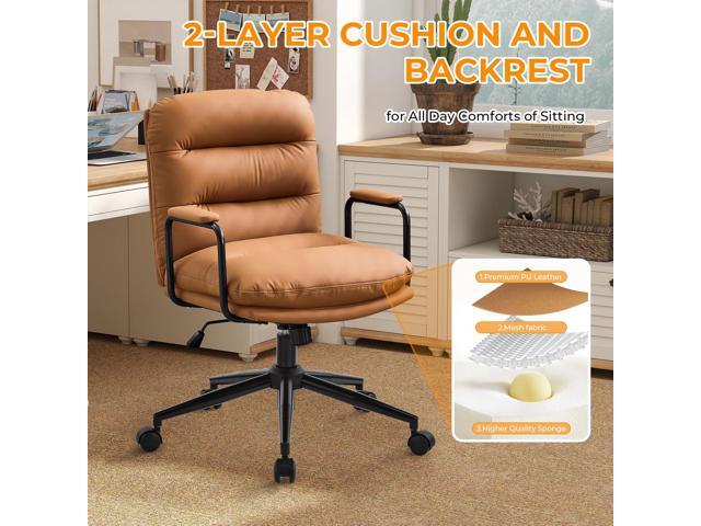 Furniliving Leather Home Desk Chair, Comfortable Executive Office Chair with Wheels, Ergonomic Computer Task Chair Adjustable Height, Brown