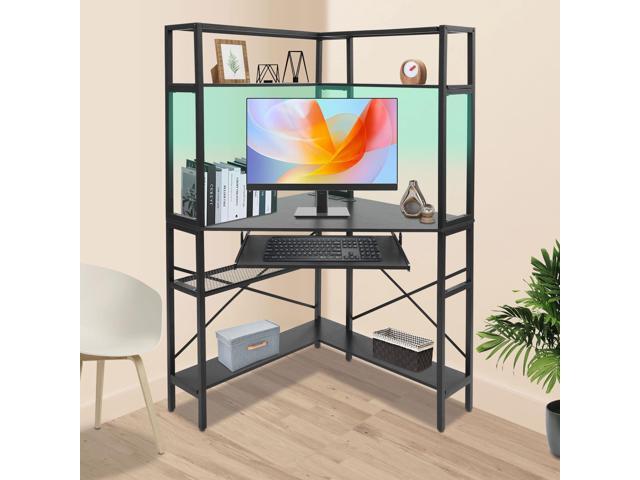 Corner Desk, Triangle Corner Computer Desk with Keyboard Tray and USB Ports, Small Computer Desk with Hutch and LED Lights ComputerDesk for Small...