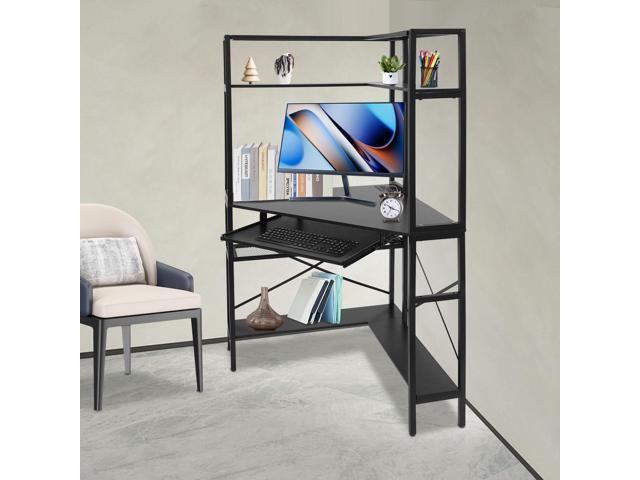 Corner Desk, Triangle Corner Computer Desk with Keyboard Tray and USB Ports, Small Computer Desk with Hutch and LED Lights ComputerDesk for Small...