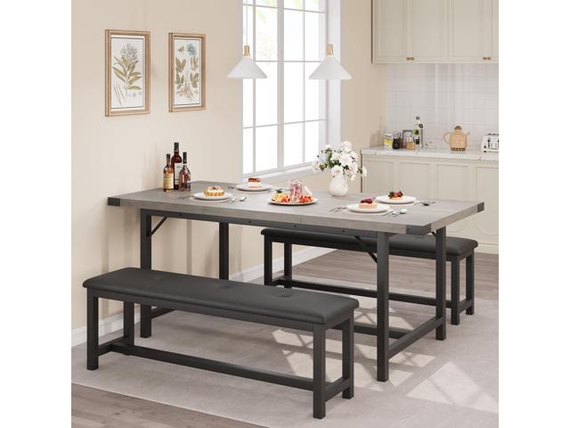 3-Piece Dining Table Set for 4-6 People, Extendable Kitchen Table Set with 2 Upholstered Benches, Dining Room Table Set for Apartment, Kitchen,...