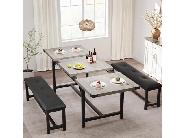 3-Piece Dining Table Set for 4-6 People, Extendable Kitchen Table Set with 2 Upholstered Benches, Dining Room Table Set for Apartment, Kitchen,...