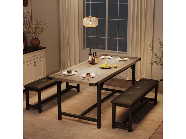 3-Piece Dining Table Set for 4-6 People, Extendable Kitchen Table Set with 2 Upholstered Benches, Dining Room Table Set for Apartment, Kitchen,...