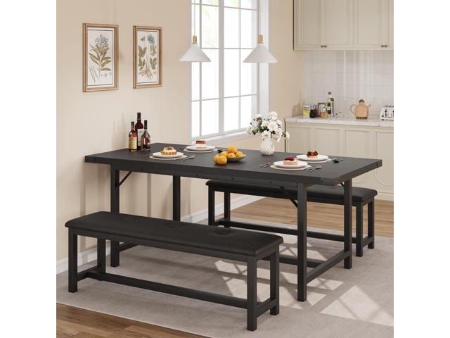 3-Piece Dining Table Set for 4-6 People, Extendable Kitchen Table Set with 2 Upholstered Benches, Dining Room Table Set for Apartment, Kitchen,...