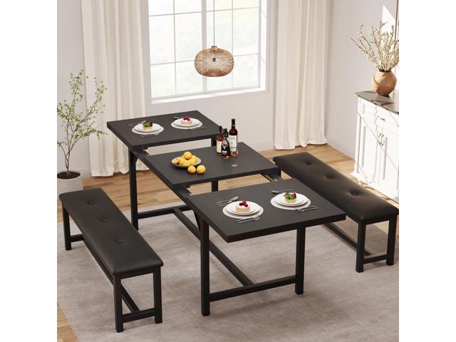 3-Piece Dining Table Set for 4-6 People, Extendable Kitchen Table Set with 2 Upholstered Benches, Dining Room Table Set for Apartment, Kitchen,...