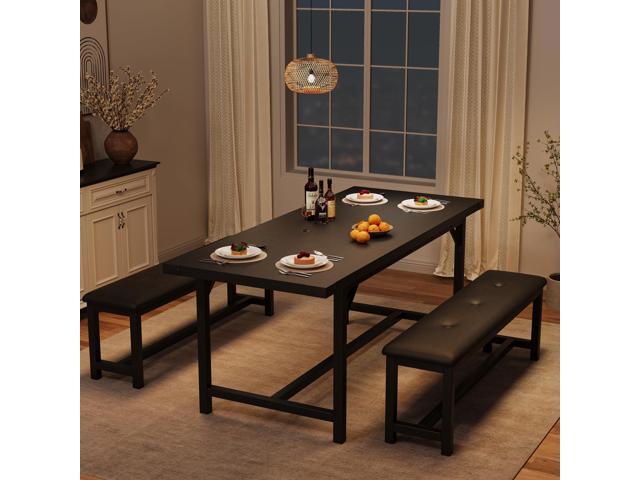 3-Piece Dining Table Set for 4-6 People, Extendable Kitchen Table Set with 2 Upholstered Benches, Dining Room Table Set for Apartment, Kitchen,...