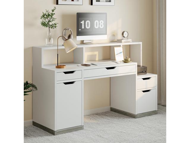Computer Desk with 4 Drawer & Storage Shelves, 58' White Office Desk with File Drawer & Cabinet, Small Study Desk with Monitor Stand & Printer...
