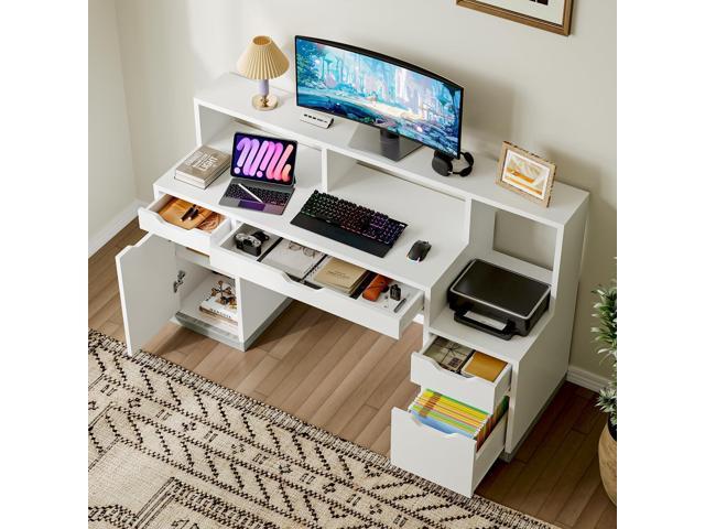 Computer Desk with 4 Drawer & Storage Shelves, 58' White Office Desk with File Drawer & Cabinet, Small Study Desk with Monitor Stand & Printer...