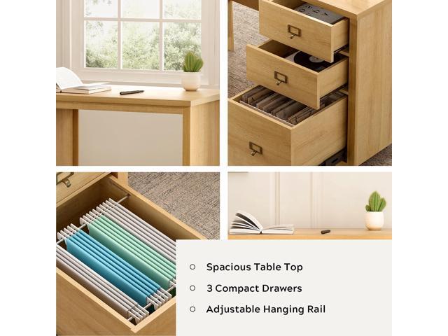 47' Executive Desk with File Drawer, Farmhouse Home Office Desk with Storage Drawer Wood Computer Writing Desk for Study Office, Natural Oak