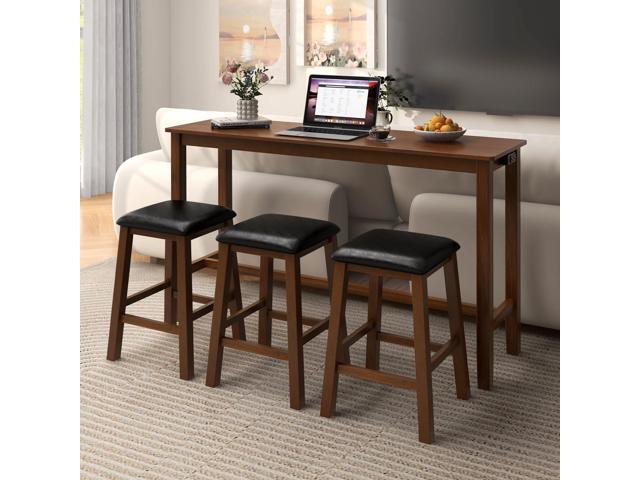 Tangkula 4-Piece Bar Table with Stools, Wooden Dining Bar Table & Chairs Set w/Power Outet, Kitchen Console Table w/ 3 Upholstered Stools for...