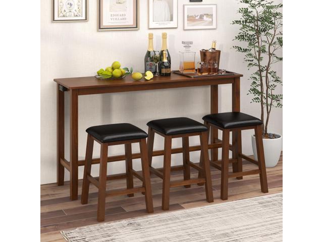 Tangkula 4-Piece Bar Table with Stools, Wooden Dining Bar Table & Chairs Set w/Power Outet, Kitchen Console Table w/ 3 Upholstered Stools for...