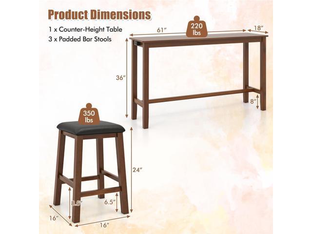 Tangkula 4-Piece Bar Table with Stools, Wooden Dining Bar Table & Chairs Set w/Power Outet, Kitchen Console Table w/ 3 Upholstered Stools for...