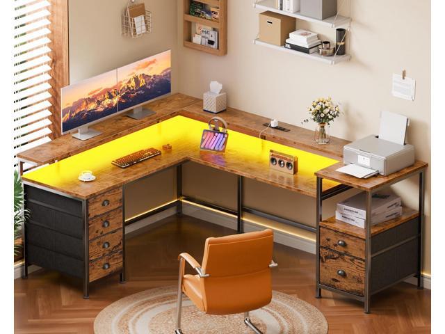 Furologee 66' Reversible L Shaped Gaming Desk with 6 Drawers & Printer Storage Shelves, Corner Computer Desk with Power Outlets & LED Lights, Home...