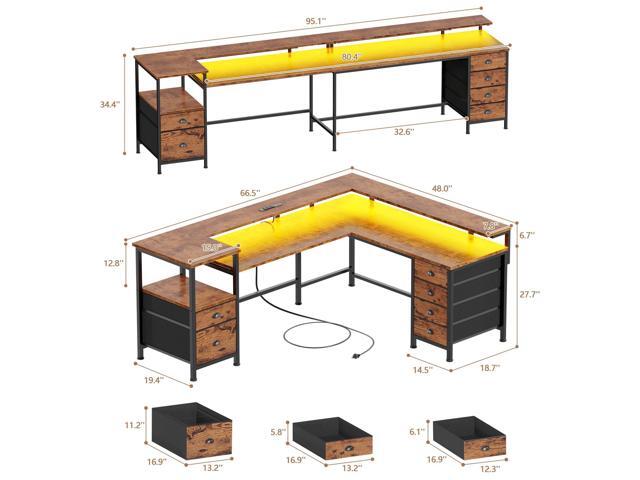 Furologee 66' Reversible L Shaped Gaming Desk with 6 Drawers & Printer Storage Shelves, Corner Computer Desk with Power Outlets & LED Lights, Home...