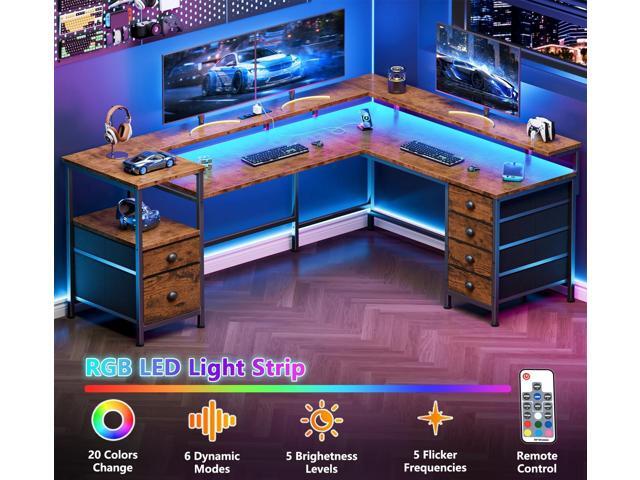 Furologee 66' Reversible L Shaped Gaming Desk with 6 Drawers & Printer Storage Shelves, Corner Computer Desk with Power Outlets & LED Lights, Home...
