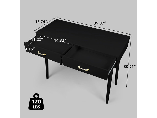 Small Black Desk with 2 Drawers, Modern Writing Desk for Small Spaces, Home Office Desk for Study, Laptop Computer Desk for Work, Makeup Vanity...