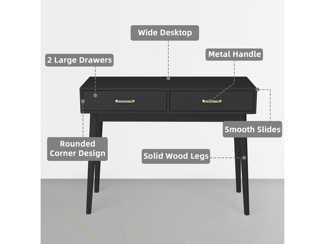 Small Black Desk with 2 Drawers, Modern Writing Desk for Small Spaces, Home Office Desk for Study, Laptop Computer Desk for Work, Makeup Vanity...