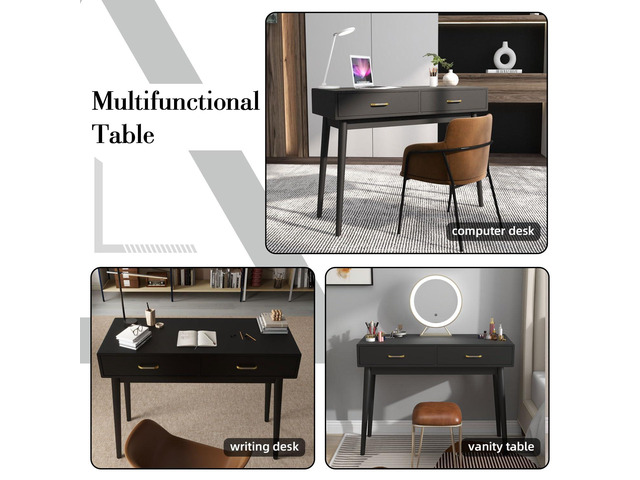 Small Black Desk with 2 Drawers, Modern Writing Desk for Small Spaces, Home Office Desk for Study, Laptop Computer Desk for Work, Makeup Vanity...