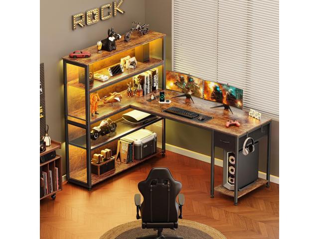 PRAISUN 57 Inch L Shaped Gaming Computer Desk with Larger Open Cabinet, Reverisble Office Desk with Power Outlets, LED Lights, Work Desk, Fabric...