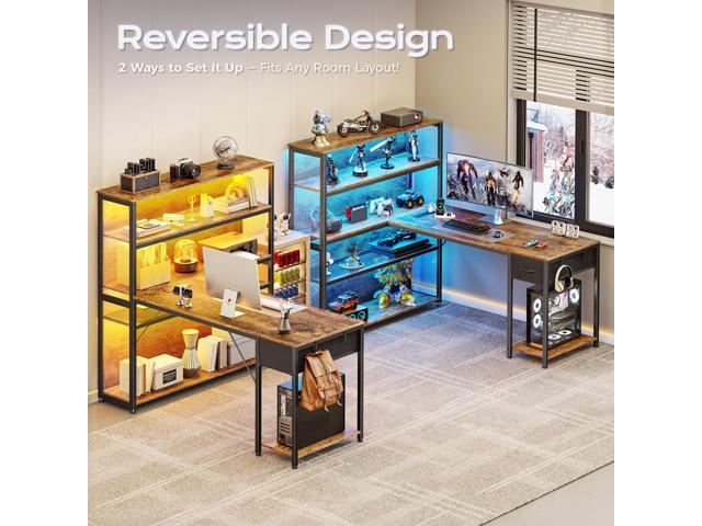 PRAISUN 57 Inch L Shaped Gaming Computer Desk with Larger Open Cabinet, Reverisble Office Desk with Power Outlets, LED Lights, Work Desk, Fabric...