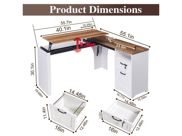 55' Farmhouse L-Shaped Desk with Lift Top,Movable Monitor Stand,L Shaped Standing Office Desk with Lockable Drawer & Adjustable File Drawer,Lift...