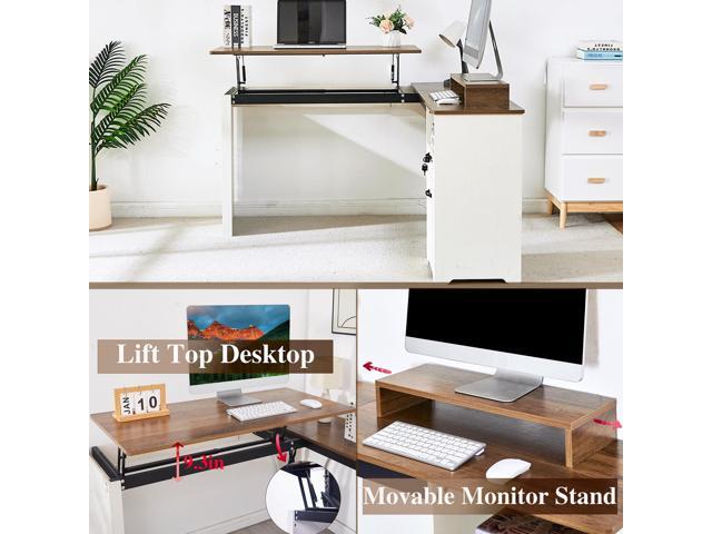 55' Farmhouse L-Shaped Desk with Lift Top,Movable Monitor Stand,L Shaped Standing Office Desk with Lockable Drawer & Adjustable File Drawer,Lift...