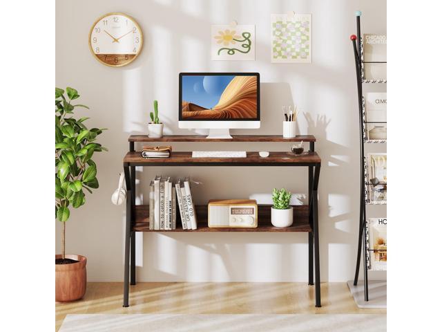 Giantex Small Desk with Storage, Compact Computer Desk for Small Spaces with Monitor Stand, Metal Frame & Earphone Hook, Laptop PC Table, Modern...
