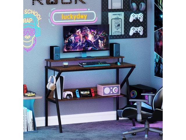 Giantex Small Desk with Storage, Compact Computer Desk for Small Spaces with Monitor Stand, Metal Frame & Earphone Hook, Laptop PC Table, Modern...