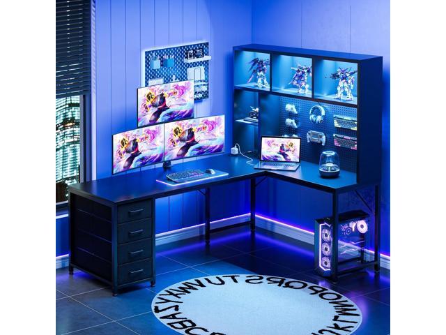 AODK 63' L Shaped Gaming Desk with Hutch, Pegboard & Shelves, L Shaped Desk with 4 Drawers, Integrated LED Light Strip & Power Outlets, Reversible...