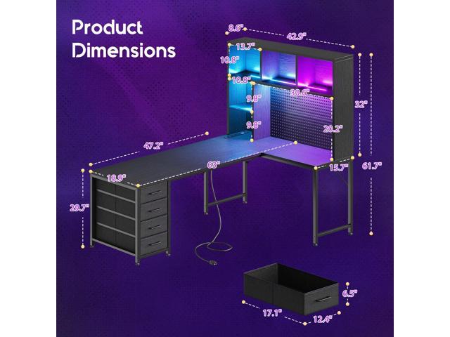 AODK 63' L Shaped Gaming Desk with Hutch, Pegboard & Shelves, L Shaped Desk with 4 Drawers, Integrated LED Light Strip & Power Outlets, Reversible...