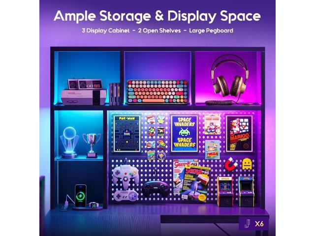 AODK 63' L Shaped Gaming Desk with Hutch, Pegboard & Shelves, L Shaped Desk with 4 Drawers, Integrated LED Light Strip & Power Outlets, Reversible...