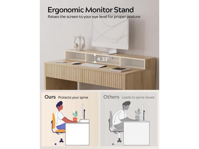Fluted Executive Desk with Storage Shelf, 47' Modern Wood Home Office Desk with Long Monitor Stand & 2 Drawers, Writing Study Computer Table Vanity...