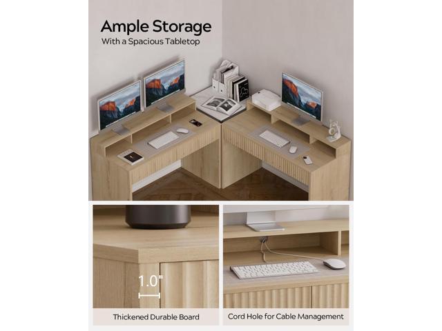 Fluted Executive Desk with Storage Shelf, 47' Modern Wood Home Office Desk with Long Monitor Stand & 2 Drawers, Writing Study Computer Table Vanity...