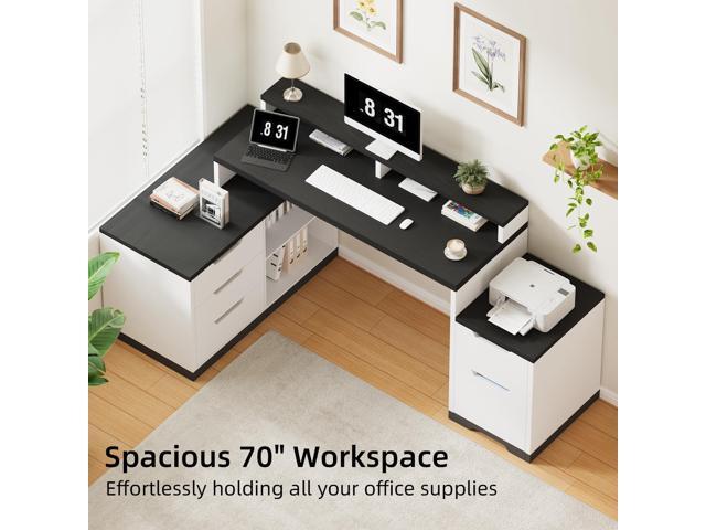 Modern L Shaped Desk with Drawers, 71 Inch Home Office Desk with File Cabinet and Printer Shelf, Wood Executive Desk with File Drawers and Monitor...