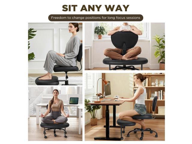 Ergonomic Cross Legged Chair with Adjustable Height, Kneeling Desk Chairs for Meditation, Yoga, 360° Swivel Wheels Active Sitting Chair with Lumbar...