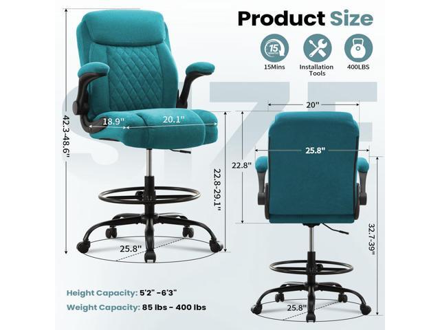 Drafting Chair for Standing Desk Tall Office Chair with Adjustable Height & Foot Ring, Flip-Up Arms, Lumbar Support Comfortable Fabric Seat,...