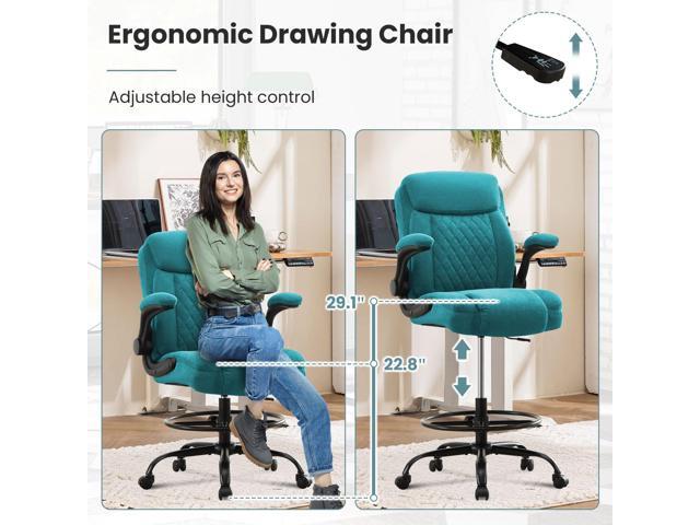 Drafting Chair for Standing Desk Tall Office Chair with Adjustable Height & Foot Ring, Flip-Up Arms, Lumbar Support Comfortable Fabric Seat,...