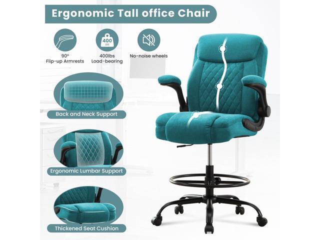 Drafting Chair for Standing Desk Tall Office Chair with Adjustable Height & Foot Ring, Flip-Up Arms, Lumbar Support Comfortable Fabric Seat,...