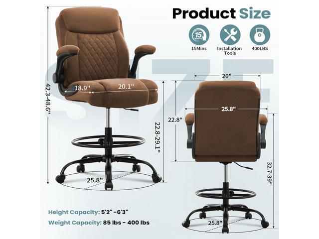 Drafting Chair for Standing Desk Tall Office Chair with Adjustable Height & Foot Ring, Flip-Up Arms, Lumbar Support Comfortable Fabric Seat,...