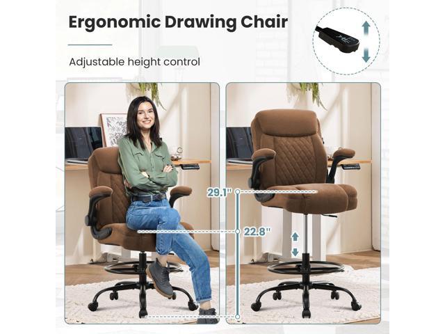 Drafting Chair for Standing Desk Tall Office Chair with Adjustable Height & Foot Ring, Flip-Up Arms, Lumbar Support Comfortable Fabric Seat,...