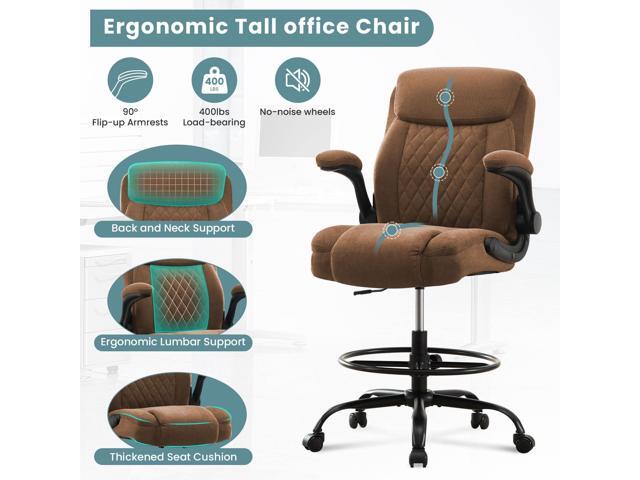 Drafting Chair for Standing Desk Tall Office Chair with Adjustable Height & Foot Ring, Flip-Up Arms, Lumbar Support Comfortable Fabric Seat,...