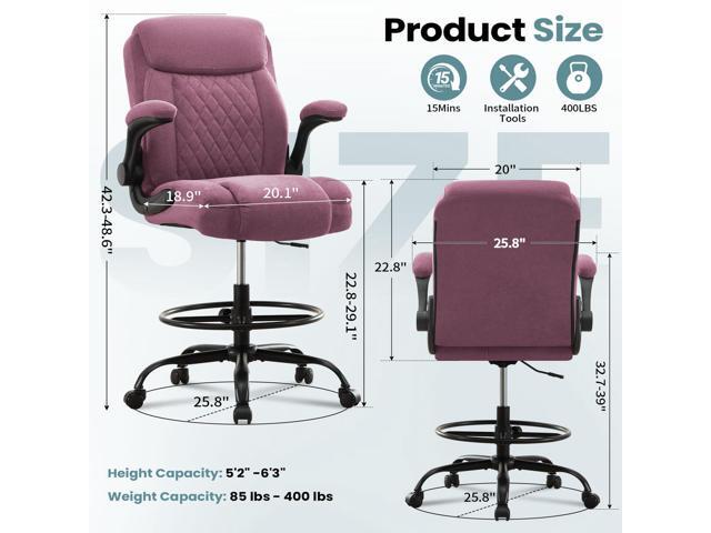 Drafting Chair for Standing Desk Tall Office Chair with Adjustable Height & Foot Ring, Flip-Up Arms, Lumbar Support Comfortable Fabric Seat,...