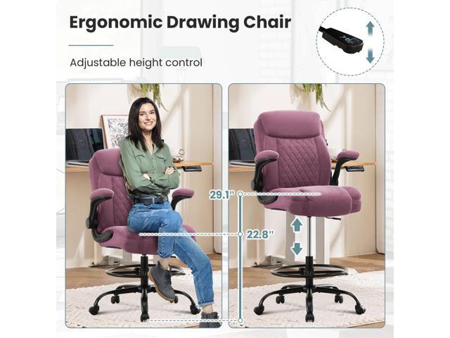 Drafting Chair for Standing Desk Tall Office Chair with Adjustable Height & Foot Ring, Flip-Up Arms, Lumbar Support Comfortable Fabric Seat,...