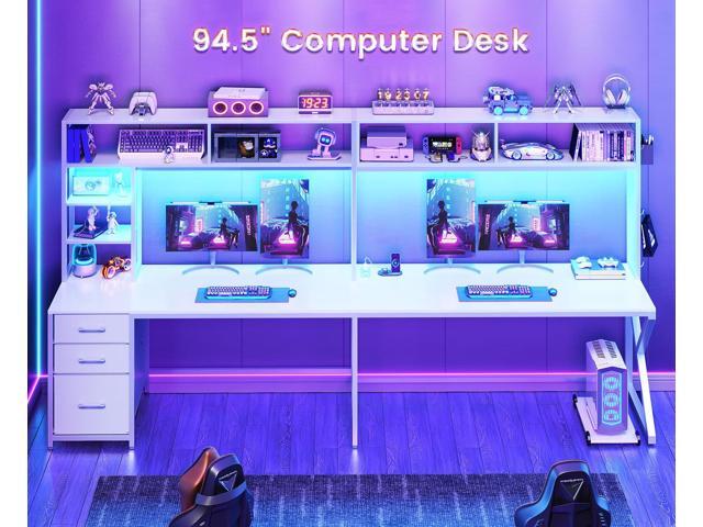 SEDETA Corner Computer Desk, Convertible 94.5' Gaming Desk with Storage Drawers, Hutch and Pegboard, L Shaped Office Desk with Power Outlet, LED...