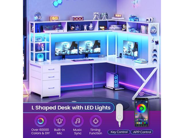 SEDETA Corner Computer Desk, Convertible 94.5' Gaming Desk with Storage Drawers, Hutch and Pegboard, L Shaped Office Desk with Power Outlet, LED...
