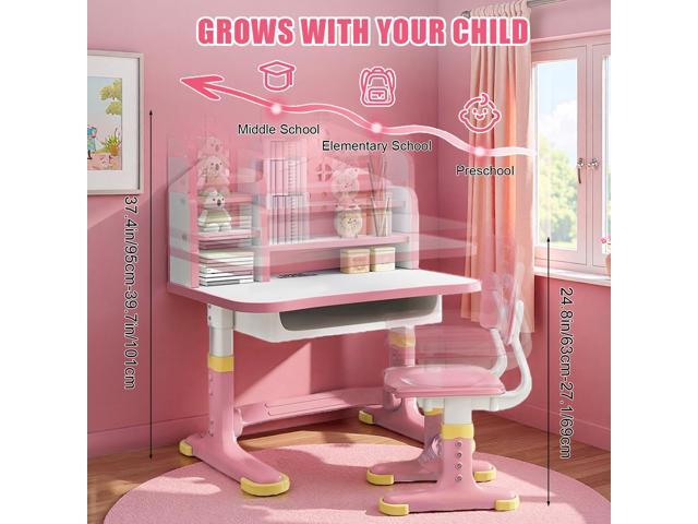 Study Desk with Chair for Kids 3-12, Height Adjustable Kids Functional Desk & Chair Set - Density Board Golden Distance Scientific Separation...