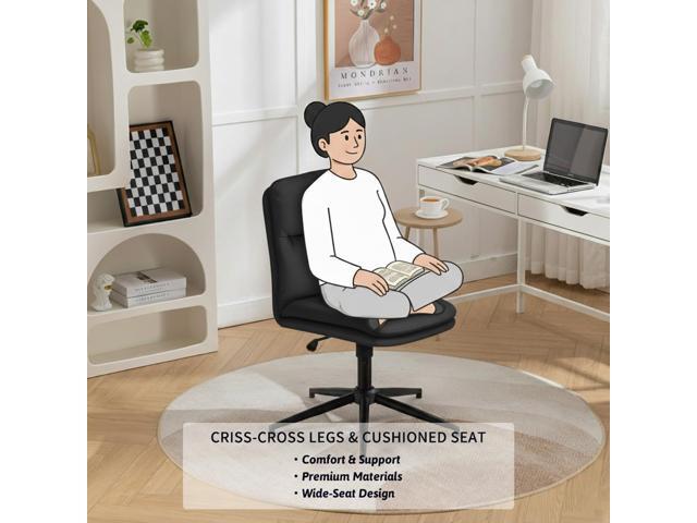 Vittqsuier Criss Cross Office Chair with Wheels, Comfy PU Leather Vanity Chair, Height-Adjustable, Swivel Armless Cross-Leg Chair for Home Office,...