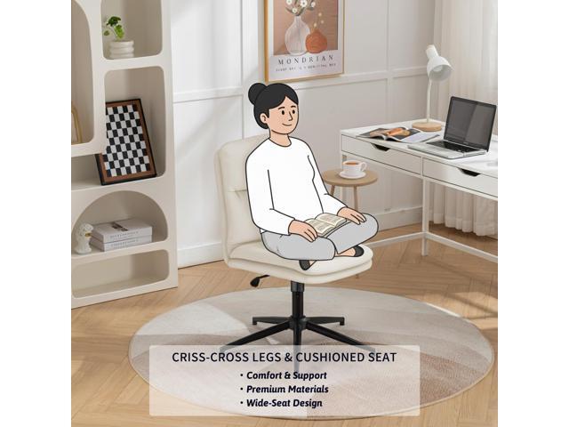 Criss Cross Office Chair with Wheels, Comfy PU Leather Vanity Chair, Height-Adjustable, Swivel Armless Cross-Leg Chair for Home Office, Bedroom or...